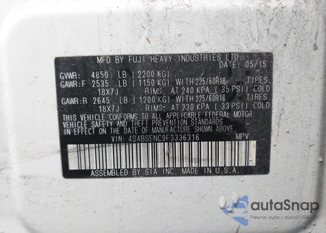 2015 Subaru Outback 3.6R Limited из США, поврежденный, VIN 4S4BSENC9F3336316